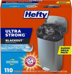 Hefty Ultra Strong Tall Kitchen Trash Bags, Blackout, Clean Burst, 13 Gallon, 110 Count 